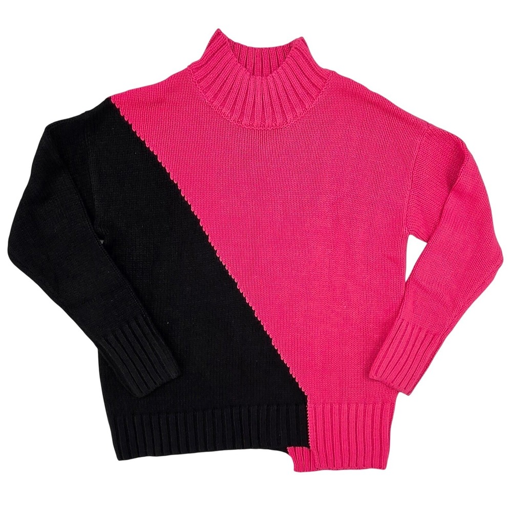 Macaron Pink Black Colorblock Mock Neck Soft‎ Sweater XL Cozy Oversized Knit